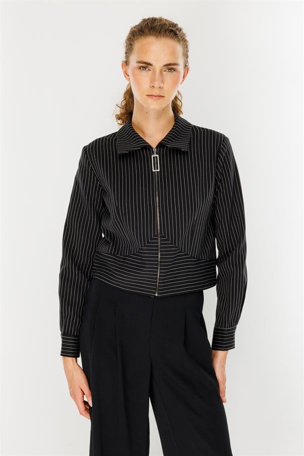 Çizgili Fermuarlı Kısa Bluz-SİYAH