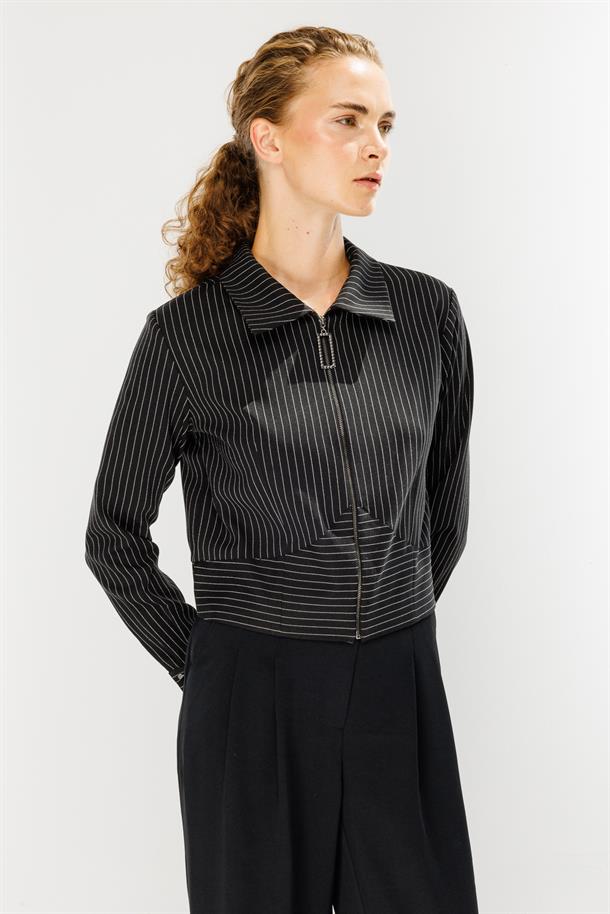 Çizgili Fermuarlı Kısa Bluz-SİYAH