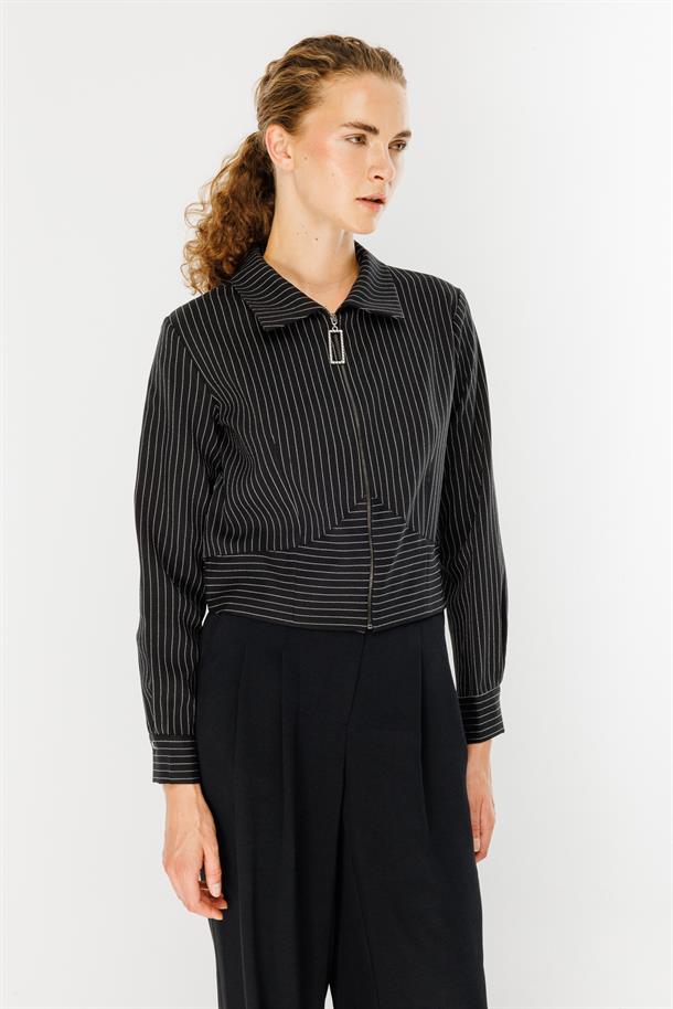 Çizgili Fermuarlı Kısa Bluz-SİYAH