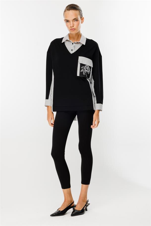 Çizgili Gömlek Detaylı Tunik-SİYAH