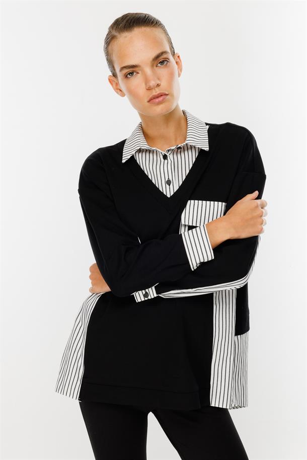 Çizgili Gömlek Detaylı Tunik-SİYAH