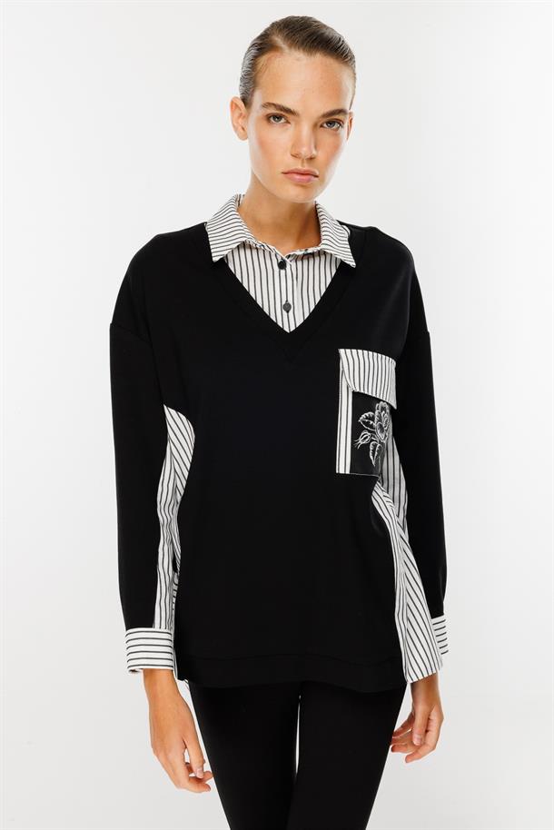 Çizgili Gömlek Detaylı Tunik-SİYAH
