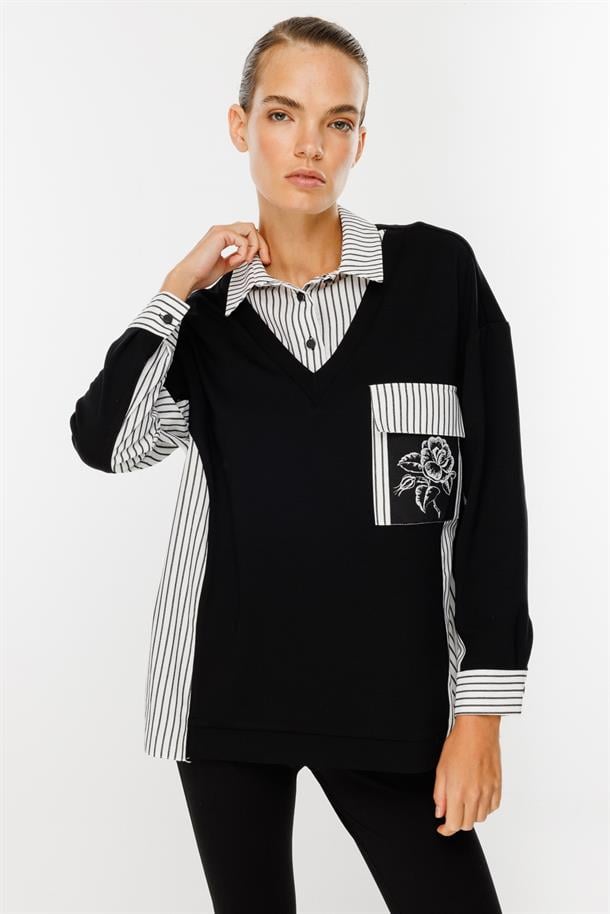 Çizgili Gömlek Detaylı Tunik-SİYAH