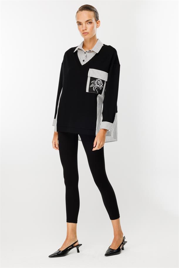 Çizgili Gömlek Detaylı Tunik-SİYAH