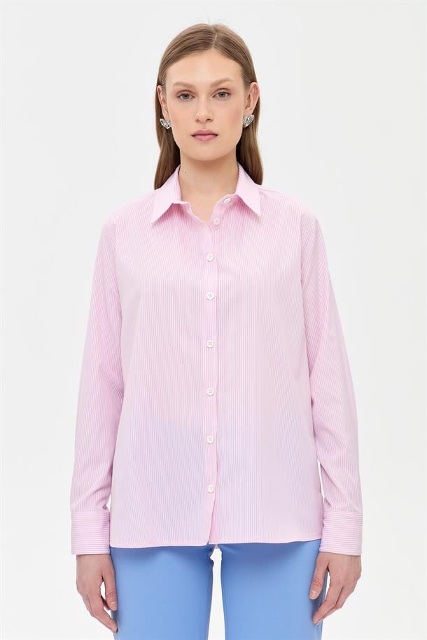 Çizgili Koton Gömlek-PEMBE