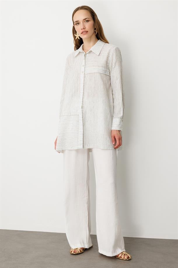 Çizgili Pamuk Keten Gömlek-MINT