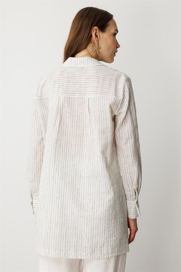 Çizgili Pamuk Keten Gömlek-MINT