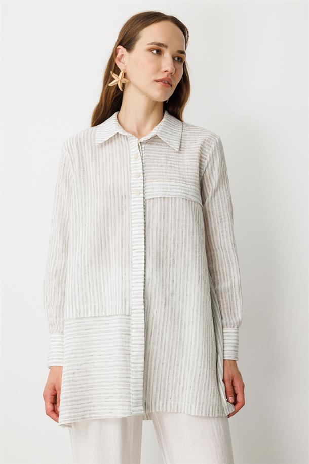 Çizgili Pamuk Keten Gömlek-MINT