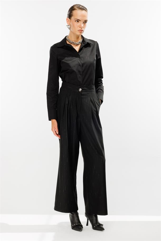 Çizgili Pileli Yüksek Bel Palazzo Pantolon-SİYAH