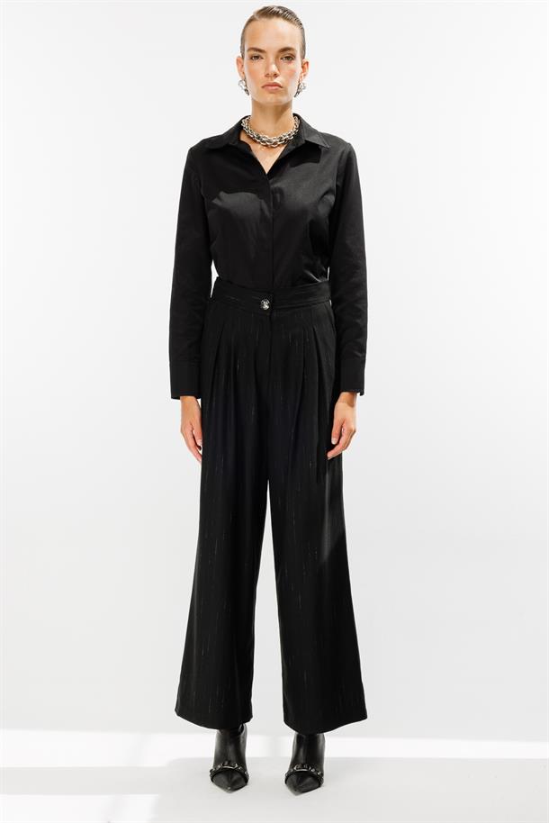 Çizgili Pileli Yüksek Bel Palazzo Pantolon-SİYAH