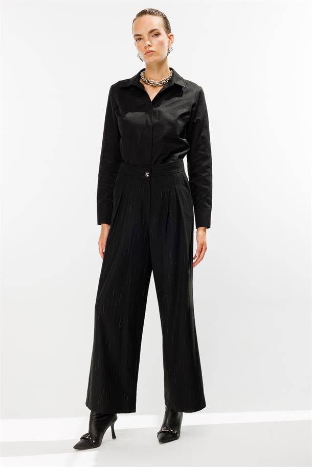 Çizgili Pileli Yüksek Bel Palazzo Pantolon-SİYAH