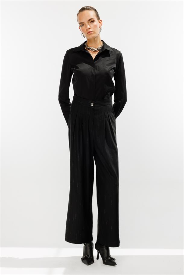 Çizgili Pileli Yüksek Bel Palazzo Pantolon-SİYAH