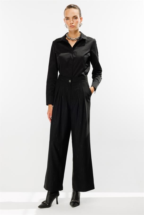 Çizgili Pileli Yüksek Bel Palazzo Pantolon-SİYAH