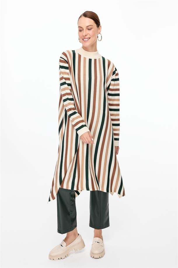 Çizgili Uzun Triko Tunik-EKRU