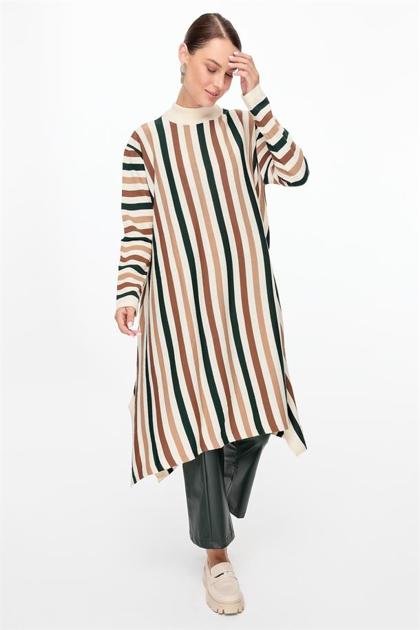 Çizgili Uzun Triko Tunik-EKRU