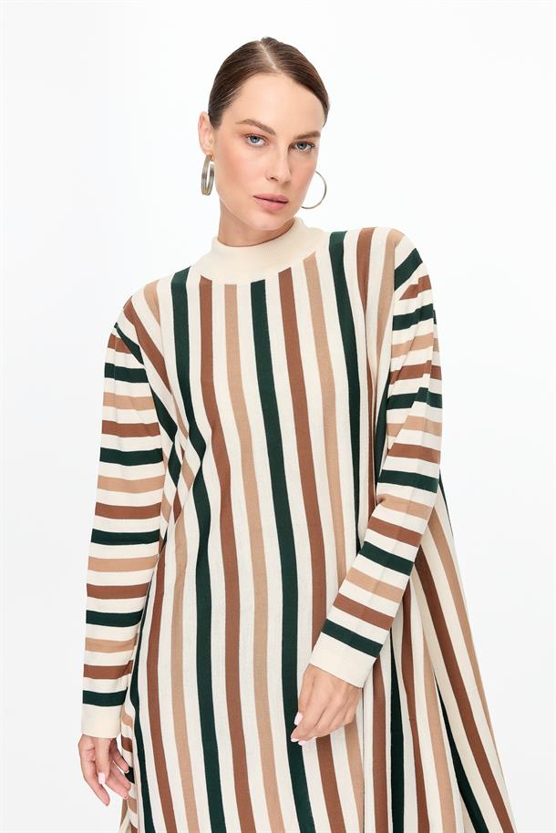 Çizgili Uzun Triko Tunik-EKRU