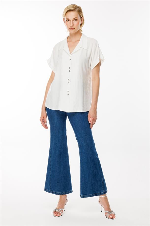 Çizgili ve Sim Detaylı Kısa Kollu Gömlek-KEMIK