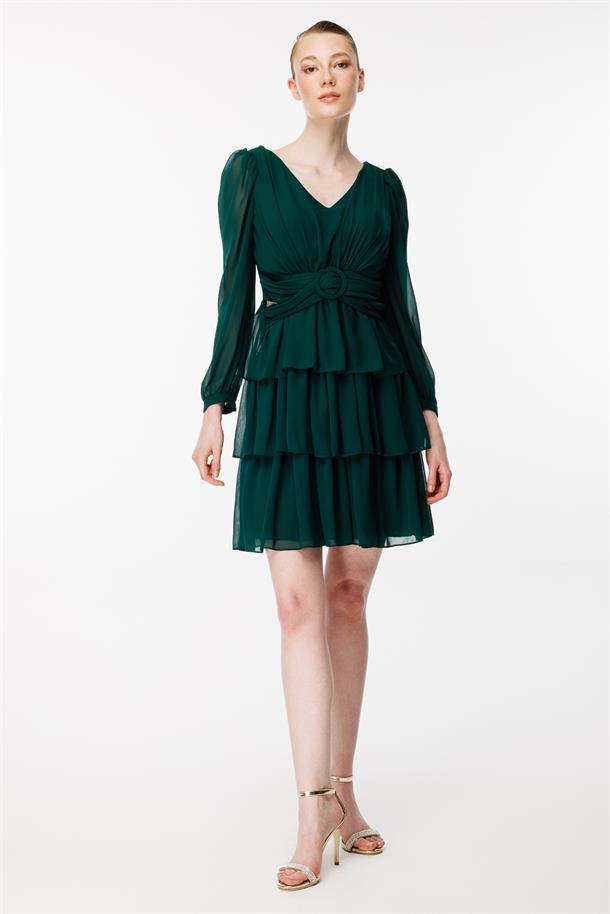 Cut Out Detaylı Kat Kat Kısa Abiye Elbise-YEŞİL