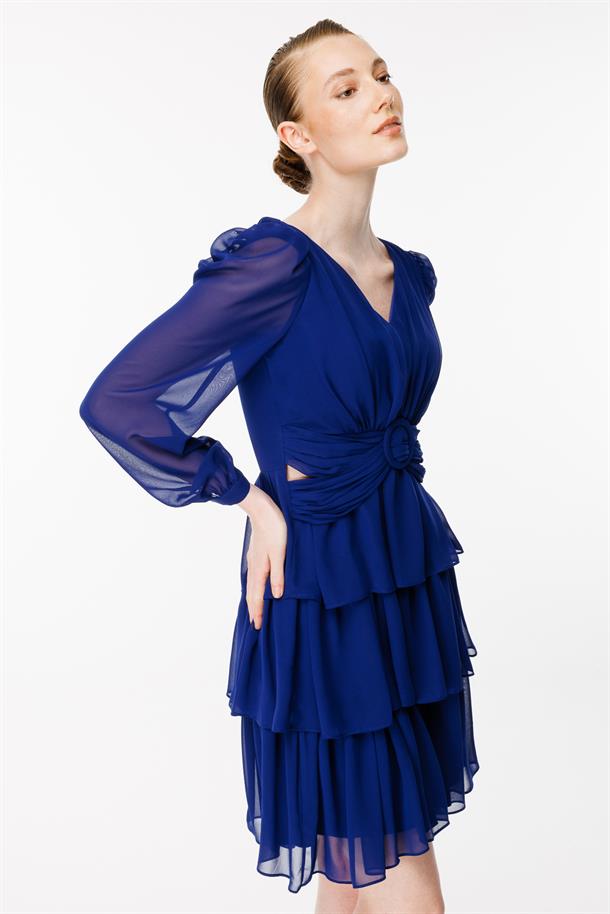 Cut Out Detaylı Kat Kat Kısa Abiye Elbise-SAX