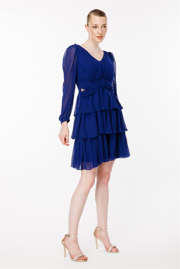 Cut Out Detaylı Kat Kat Kısa Abiye Elbise-SAX