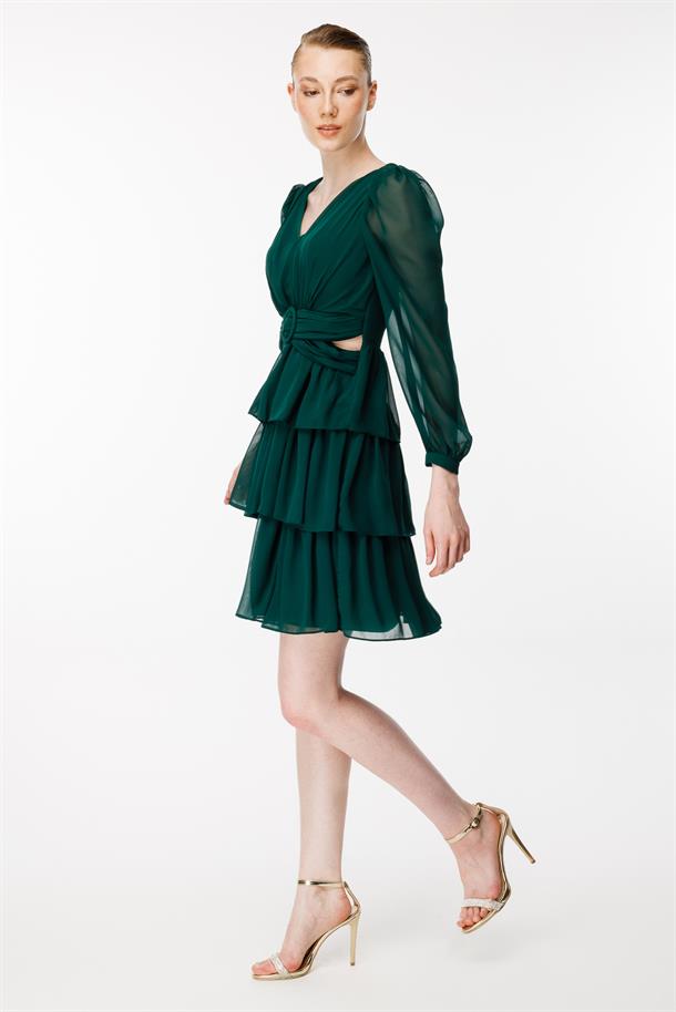 Cut Out Detaylı Kat Kat Kısa Abiye Elbise-YEŞİL