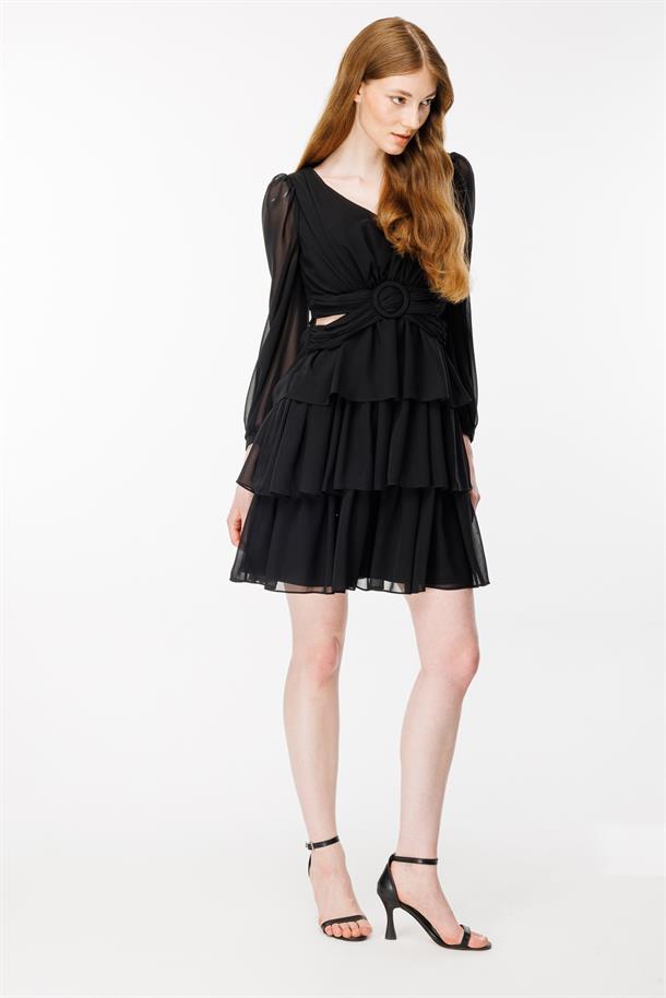 Cut Out Detaylı Kat Kat Kısa Abiye Elbise-SİYAH