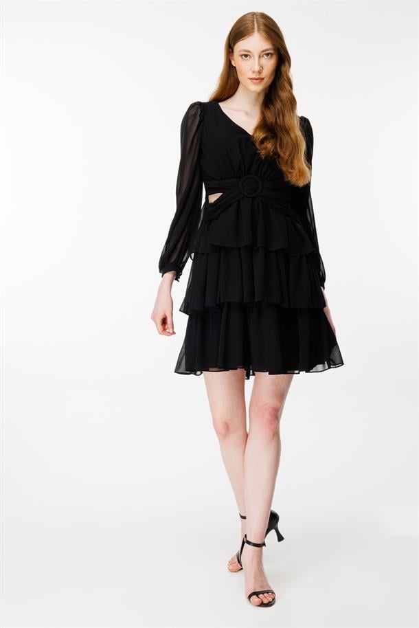 Cut Out Detaylı Kat Kat Kısa Abiye Elbise-SİYAH