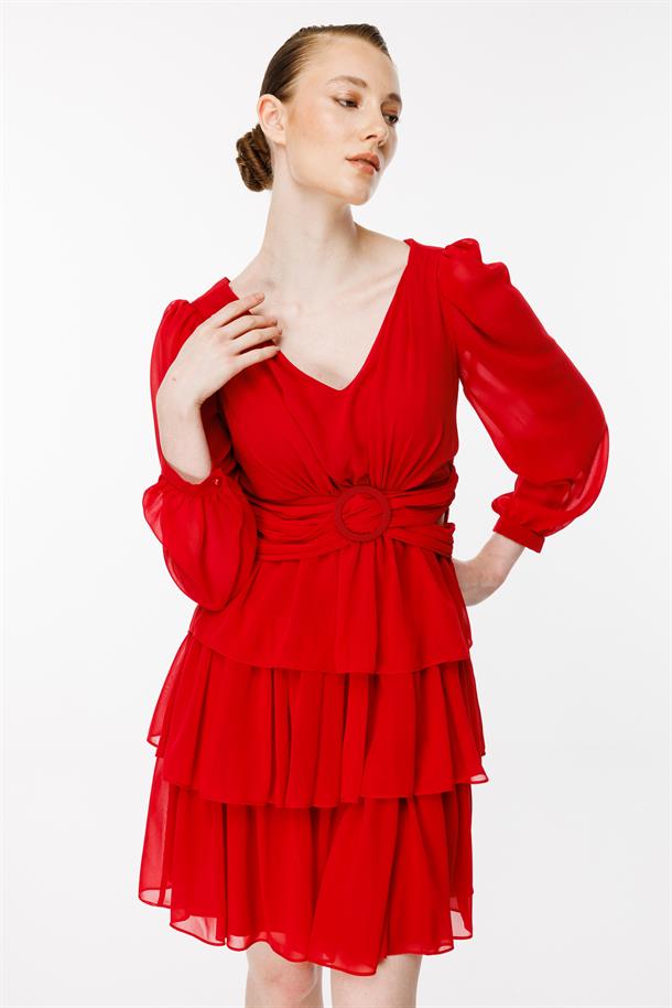 Cut Out Detaylı Kat Kat Kısa Abiye Elbise-KIRMIZI