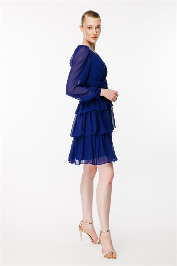 Cut Out Detaylı Kat Kat Kısa Abiye Elbise-SAX