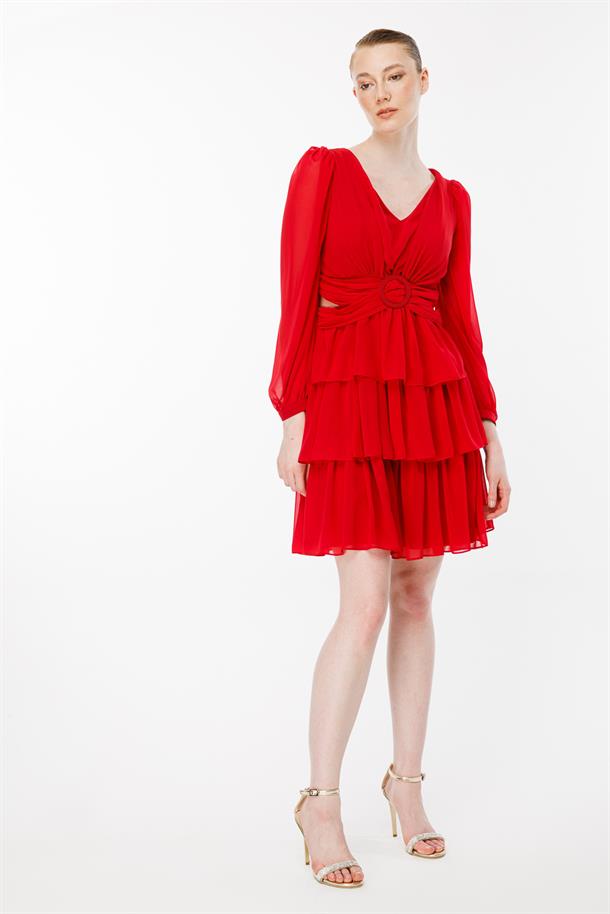 Cut Out Detaylı Kat Kat Kısa Abiye Elbise-KIRMIZI