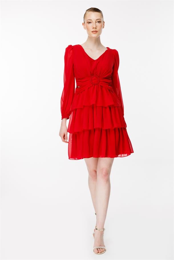 Cut Out Detaylı Kat Kat Kısa Abiye Elbise-KIRMIZI