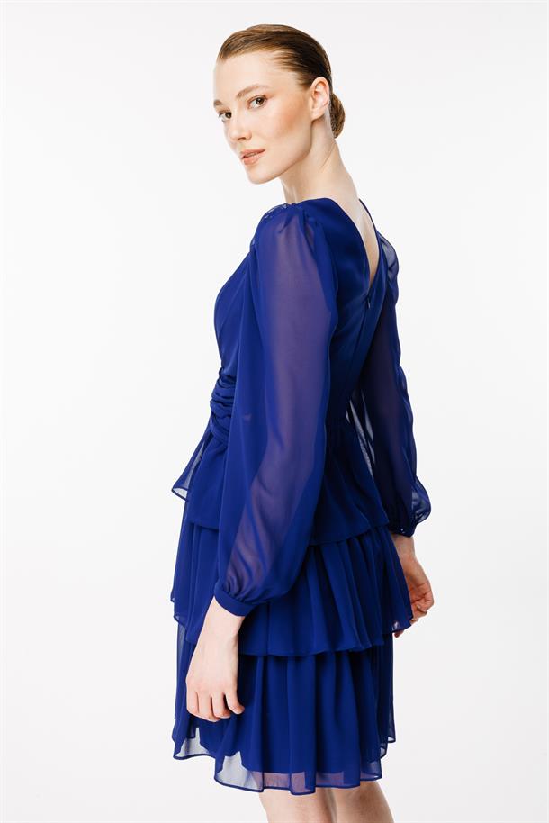 Cut Out Detaylı Kat Kat Kısa Abiye Elbise-SAX