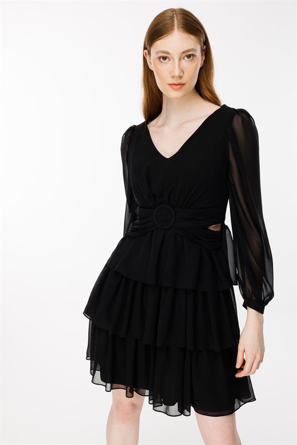 Cut Out Detaylı Kat Kat Kısa Abiye Elbise-SİYAH