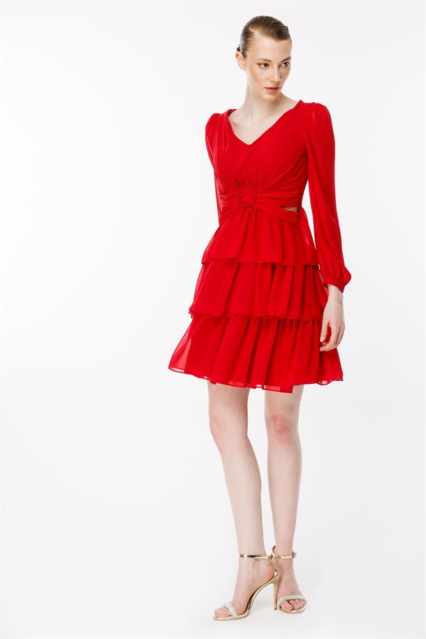 Cut Out Detaylı Kat Kat Kısa Abiye Elbise-KIRMIZI