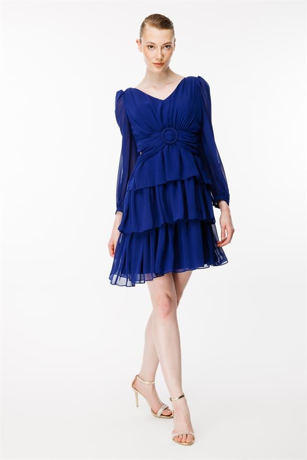 Cut Out Detaylı Kat Kat Kısa Abiye Elbise-SAX