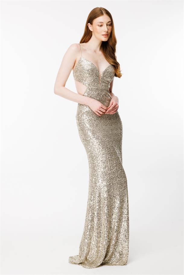 Cut Out Detaylı Payet Abiye-GOLD