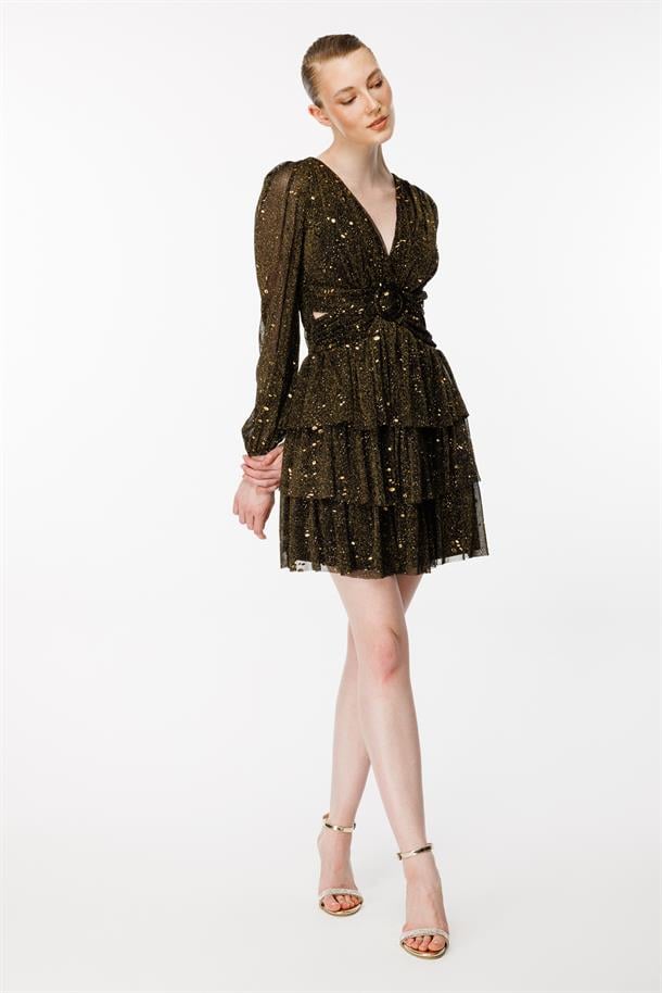 Cut Out Detaylı Renk Geçişli Arkası İpli Abiye Elbise-SİYAH