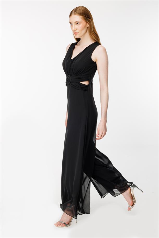 Cut Out Detaylı Tül Tulum-SİYAH