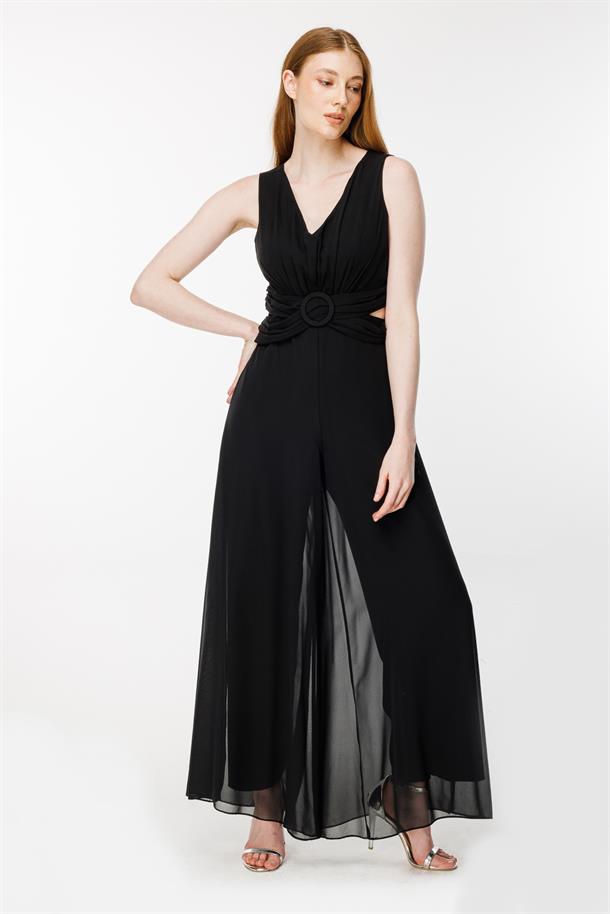 Cut Out Detaylı Tül Tulum-SİYAH