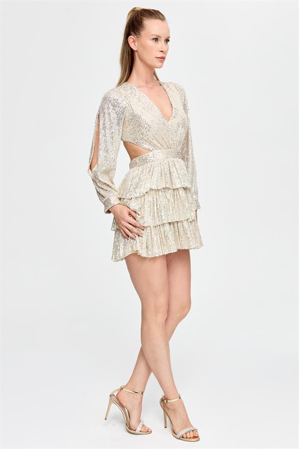 Cut Out ve Sırt Dekolteli Kısa Abiye-GOLD