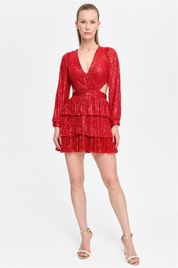 Cut Out ve Sırt Dekolteli Kısa Abiye-KIRMIZI