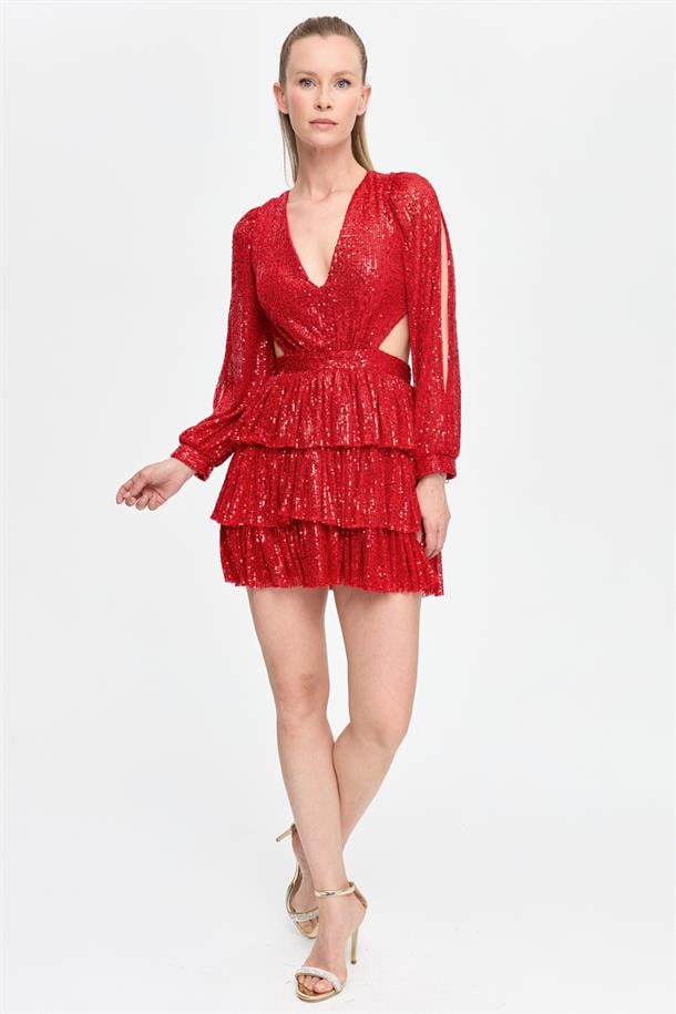 Cut Out ve Sırt Dekolteli Kısa Abiye-KIRMIZI