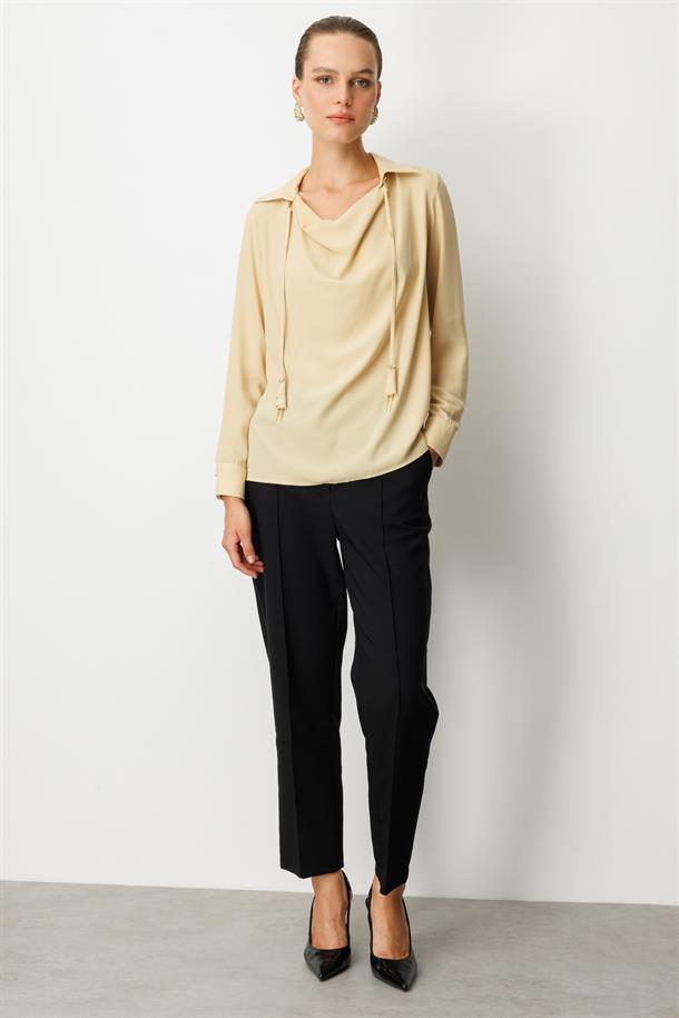 Farbela Detaylı Krep Gömlek-SARI