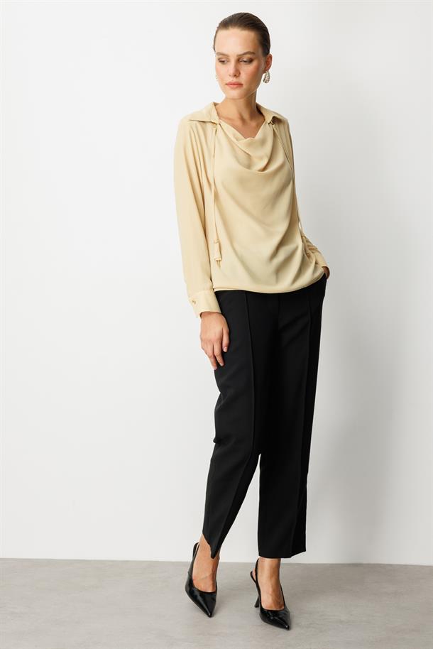 Farbela Detaylı Krep Gömlek-SARI