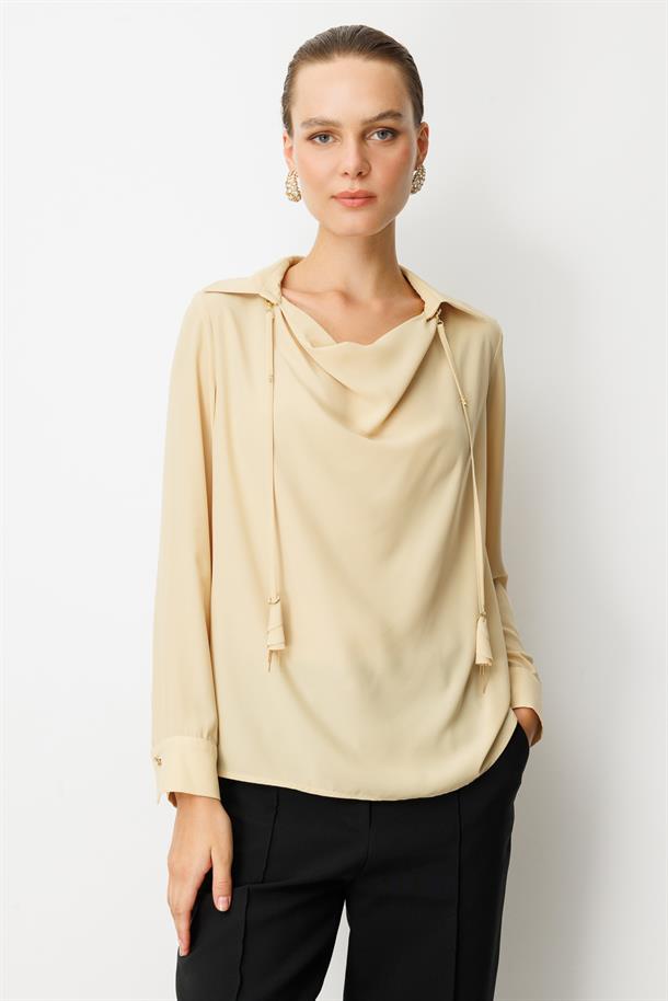 Farbela Detaylı Krep Gömlek-SARI