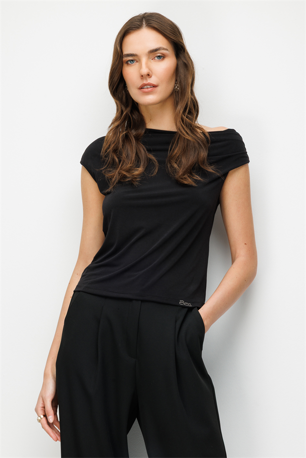 Degaje Yaka Kolsuz Bluz-SİYAH