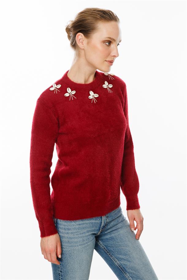 Deniz Kabuğu Detaylı Kazak-KIRMIZI