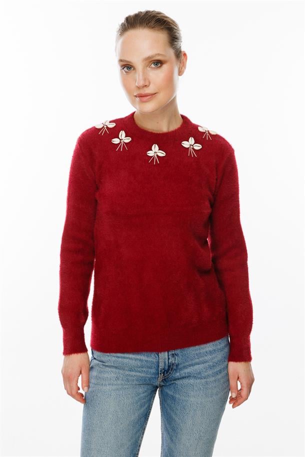 Deniz Kabuğu Detaylı Kazak-KIRMIZI