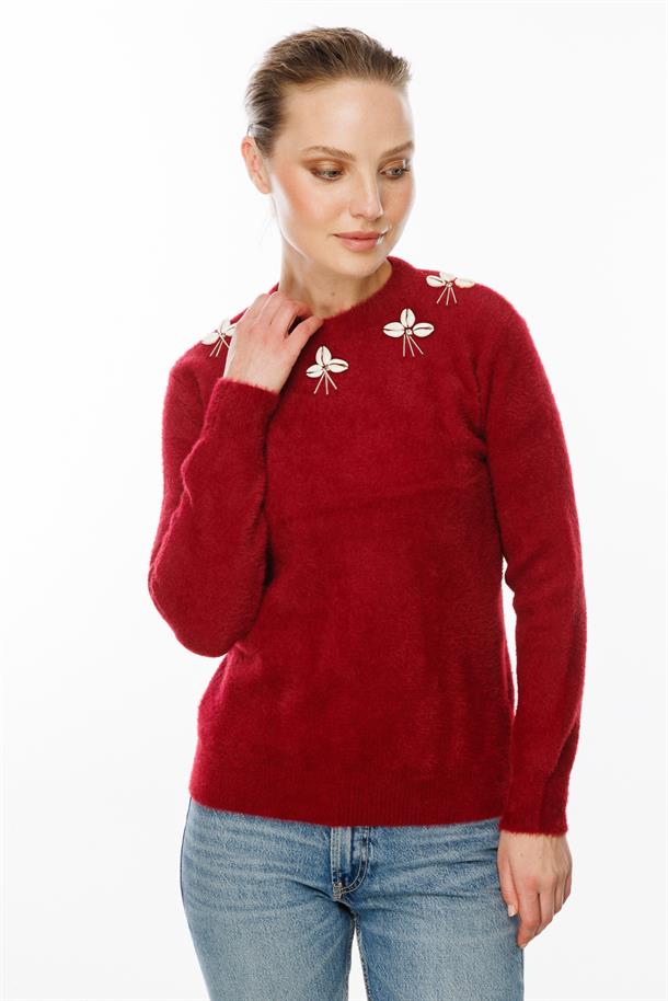 Deniz Kabuğu Detaylı Kazak-KIRMIZI