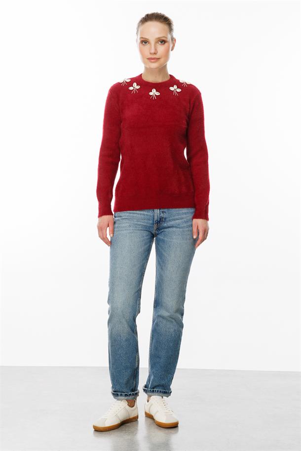 Deniz Kabuğu Detaylı Kazak-KIRMIZI